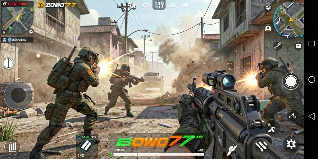 Tampilan gameplay seru BOWO77 dengan tembak-menembak intens.