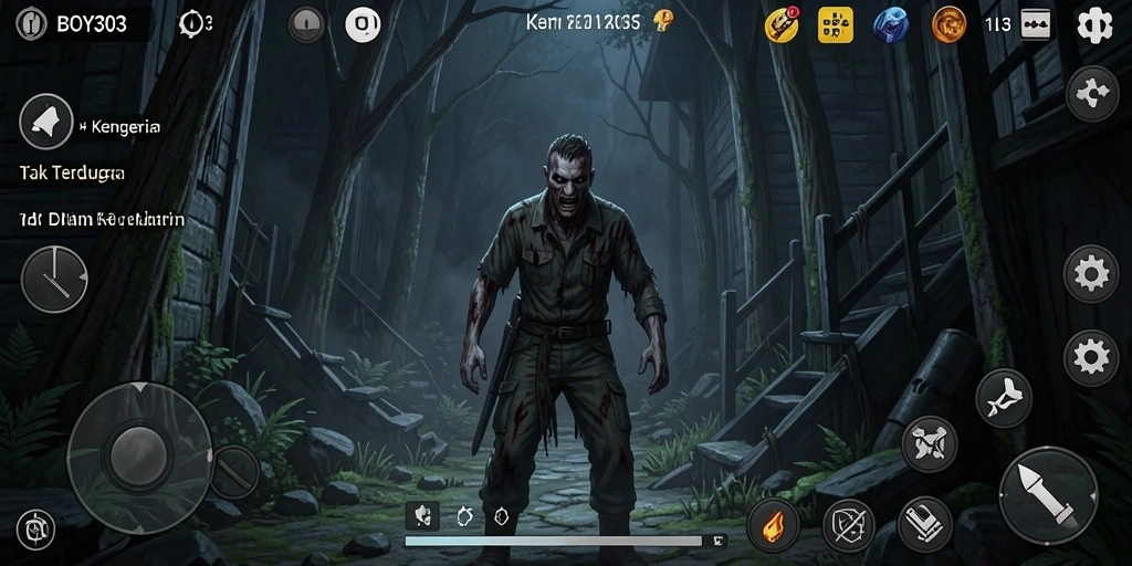 Screenshot dari gameplay BOY303 yang menampilkan suasana horor mencekam.
