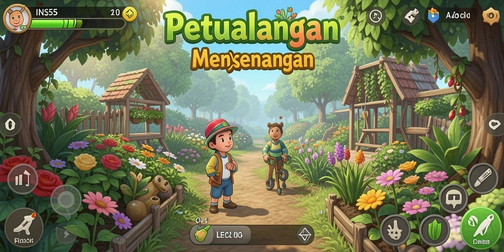 Screenshot gameplay INS55 yang menampilkan ladang pertanian yang subur.