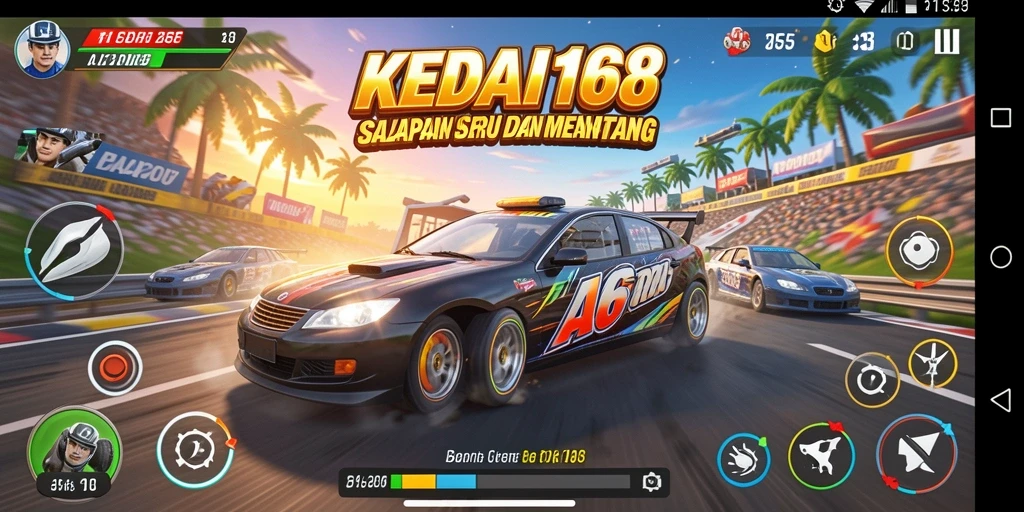 Tampilan gameplay seru KEDAI168 dengan mobil balap di trek.