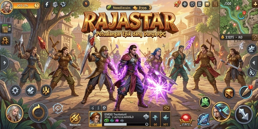 Screenshot utama RAJASTAR yang menunjukkan aksi seru dalam game RPG.