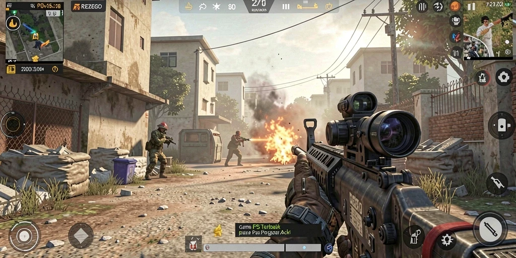 Tampilan gameplay mendebarkan dalam aksi FPS di REZEGO.