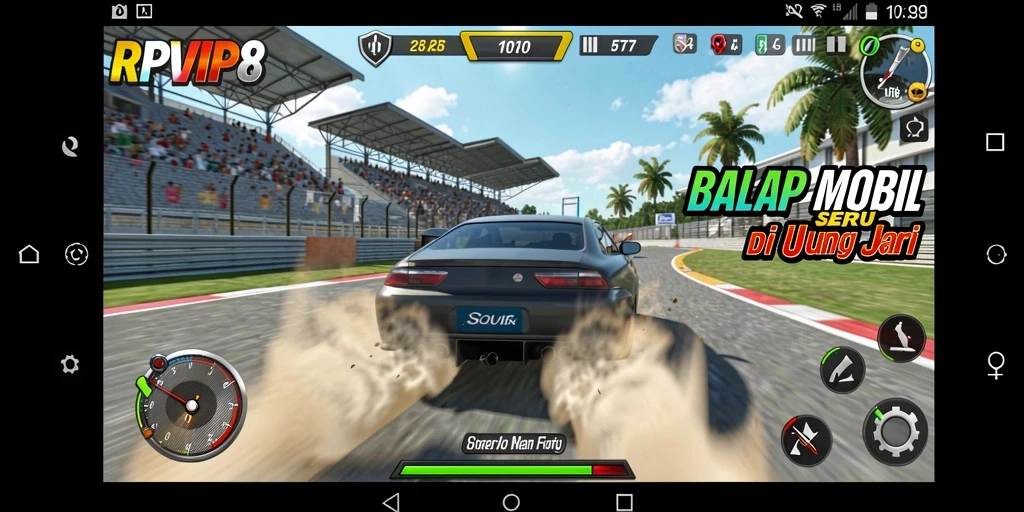 Screenshot gameplay RPVIP8 menampilkan aksi balap yang mendebarkan.