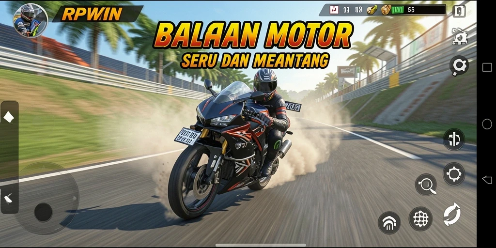 Tampilan gameplay seru RPWIN dengan berbagai motor dan lintasan menantang.