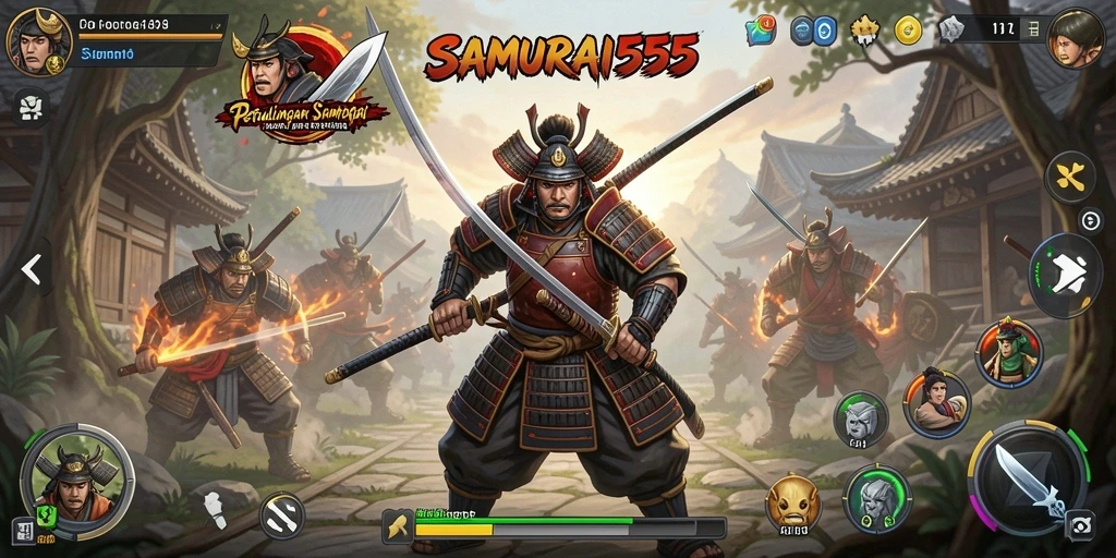 Tampilan gameplay intens dalam SAMURAI555 yang menampilkan strategi pertempuran samurai.