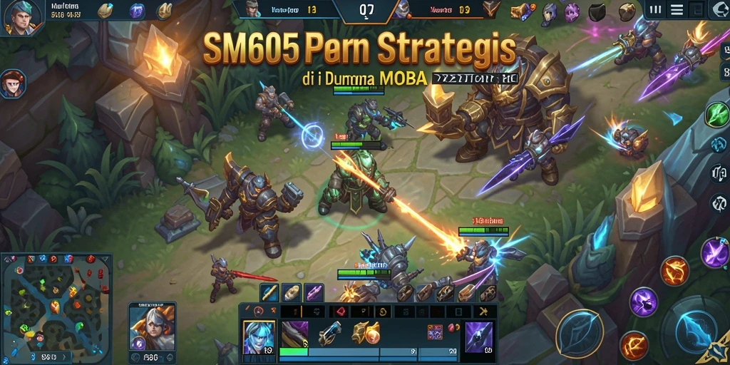 Screenshot permainan MOBA SM605 yang menunjukkan pertarungan tim yang intens.